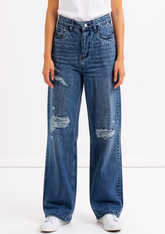 Astron – Medium Wash Wide-Leg Distressed Denim Jeans for Women